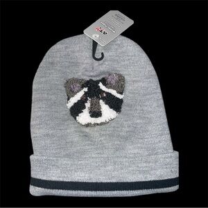 Punch Needle Raccoon patch on NWT winter toque/beanie.